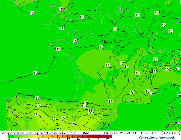 Temperatura 2m Spread ECMWF Qui 30.05.2024 18 UTC