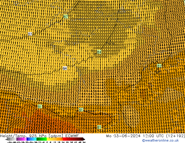 Height/Temp. 925 hPa ECMWF Mo 03.06.2024 12 UTC