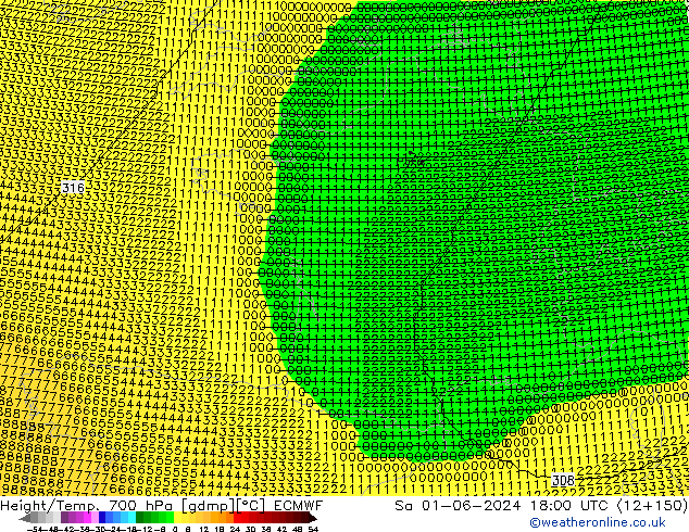 Height/Temp. 700 hPa ECMWF Sa 01.06.2024 18 UTC