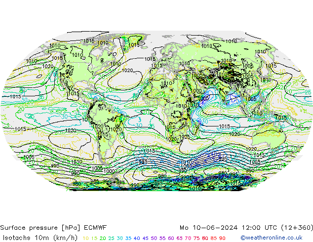 Isotaca (kph) ECMWF lun 10.06.2024 12 UTC