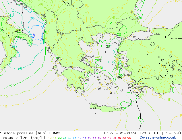 Isotachs (kph) ECMWF Sex 31.05.2024 12 UTC