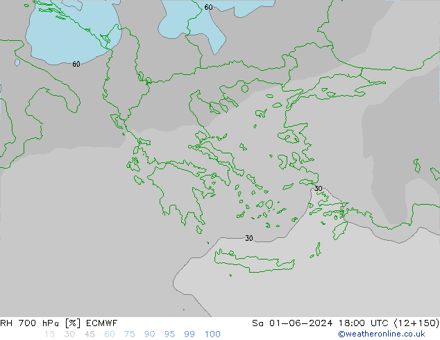 RH 700 гПа ECMWF сб 01.06.2024 18 UTC