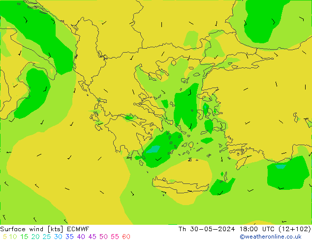 Surface wind ECMWF Čt 30.05.2024 18 UTC