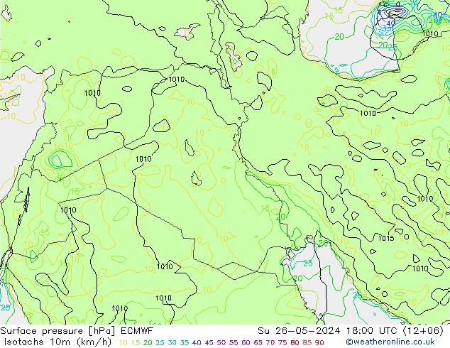 Isotachs (kph) ECMWF dim 26.05.2024 18 UTC