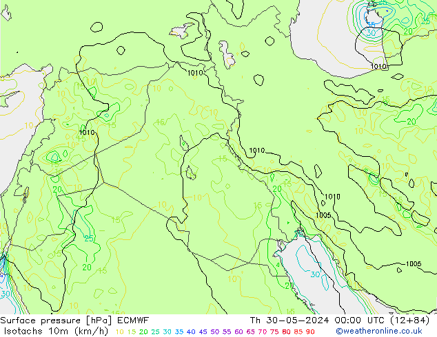 Isotachen (km/h) ECMWF do 30.05.2024 00 UTC
