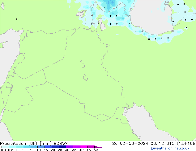 Precipitation (6h) ECMWF Su 02.06.2024 12 UTC