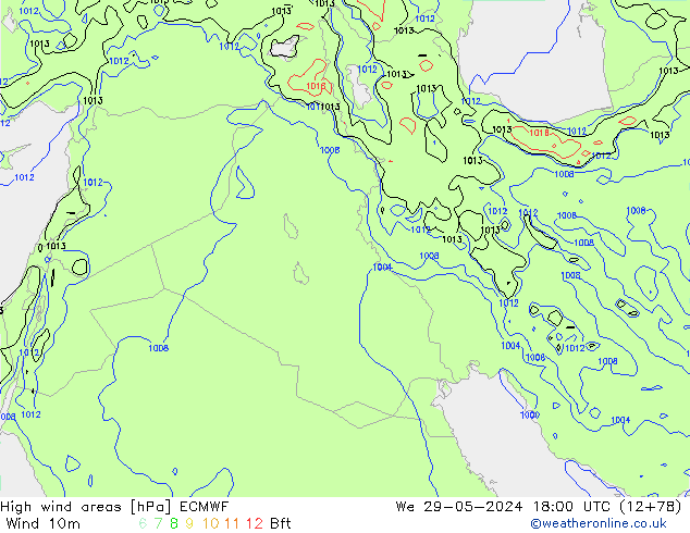 High wind areas ECMWF We 29.05.2024 18 UTC