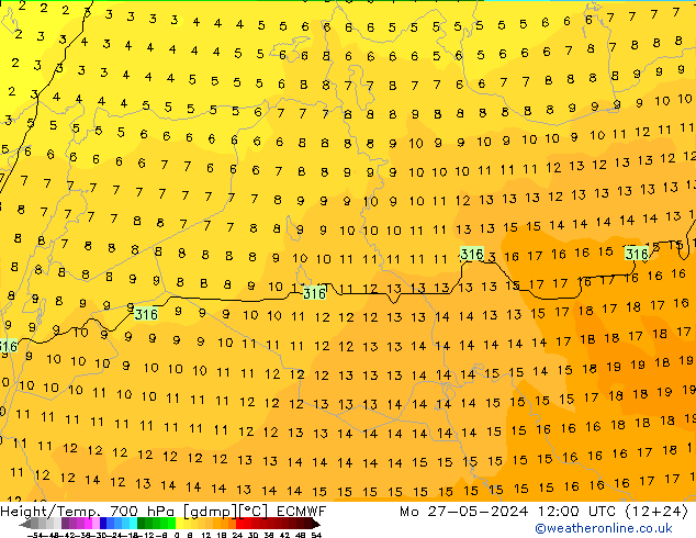 Height/Temp. 700 hPa ECMWF Mo 27.05.2024 12 UTC