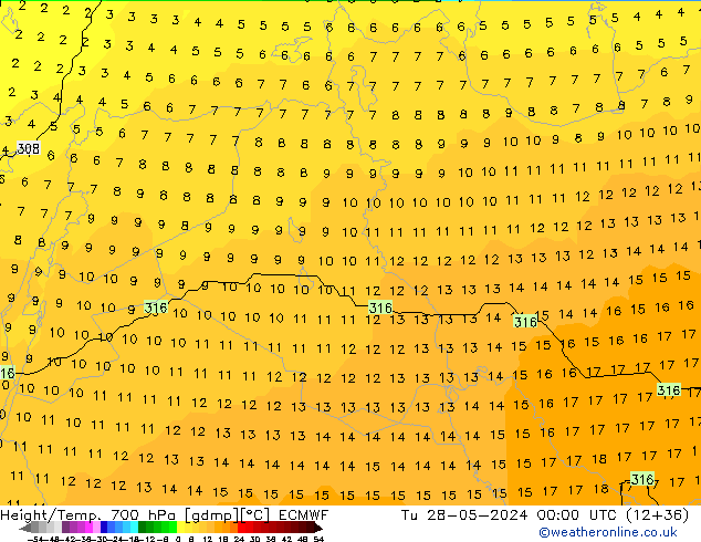 Height/Temp. 700 hPa ECMWF mar 28.05.2024 00 UTC