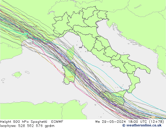Hoogte 500 hPa Spaghetti ECMWF wo 29.05.2024 18 UTC