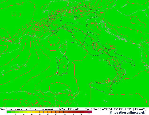 Pressione al suolo Spread ECMWF mar 28.05.2024 06 UTC