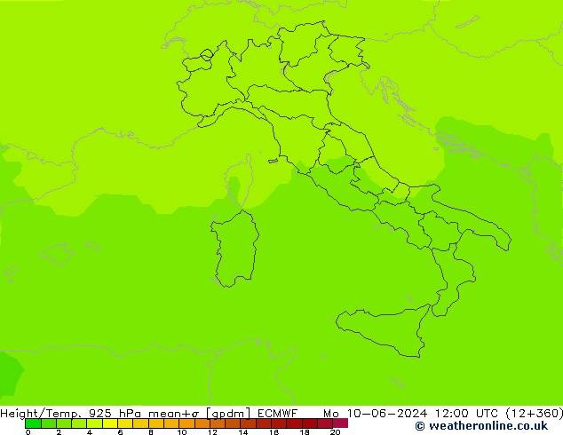 Height/Temp. 925 hPa ECMWF pon. 10.06.2024 12 UTC