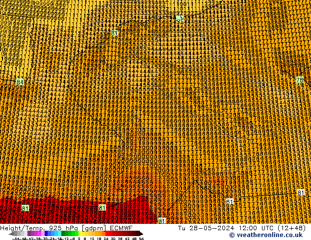 Height/Temp. 925 hPa ECMWF wto. 28.05.2024 12 UTC