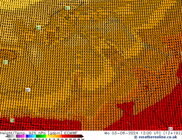 Height/Temp. 925 hPa ECMWF Mo 03.06.2024 12 UTC