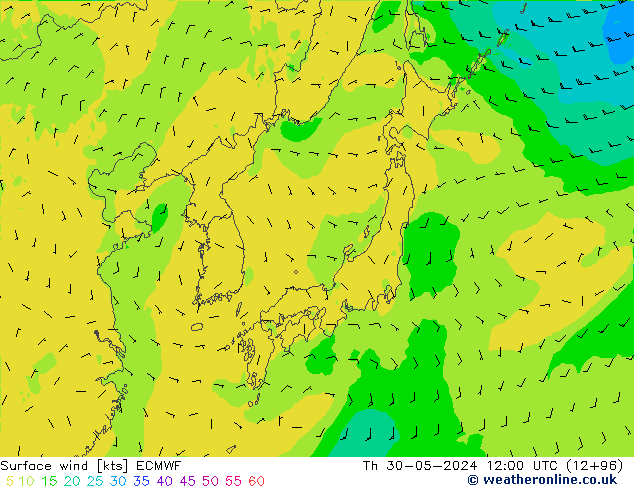 wiatr 10 m ECMWF czw. 30.05.2024 12 UTC