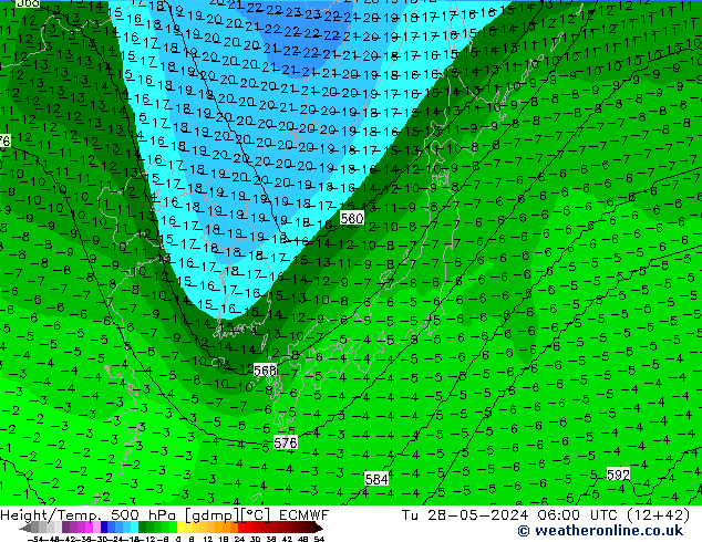 Hoogte/Temp. 500 hPa ECMWF di 28.05.2024 06 UTC