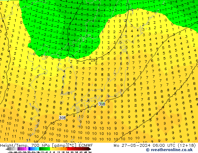 Height/Temp. 700 гПа ECMWF пн 27.05.2024 06 UTC