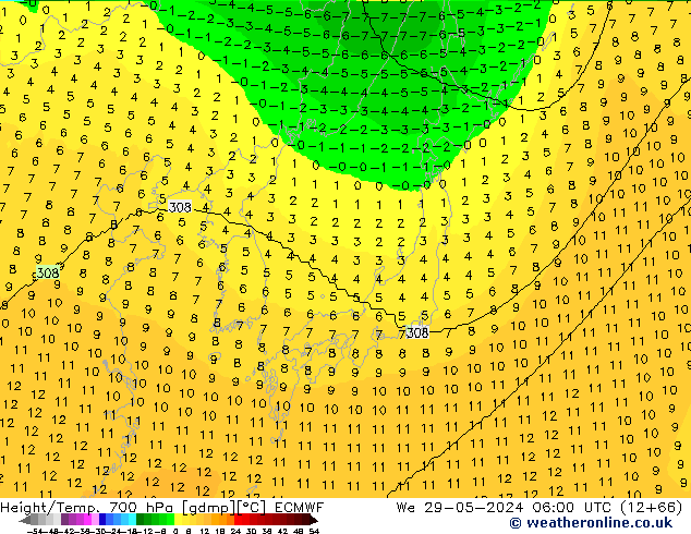 Hoogte/Temp. 700 hPa ECMWF wo 29.05.2024 06 UTC