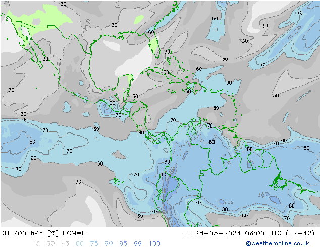 RH 700 hPa ECMWF Út 28.05.2024 06 UTC