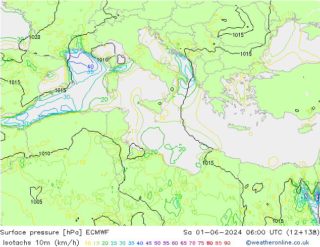 Isotachs (kph) ECMWF сб 01.06.2024 06 UTC