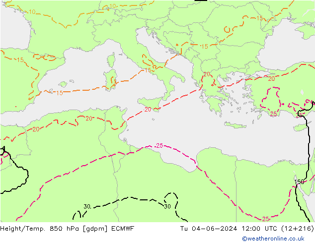 Height/Temp. 850 hPa ECMWF wto. 04.06.2024 12 UTC