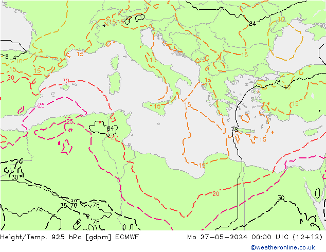 Height/Temp. 925 hPa ECMWF Mo 27.05.2024 00 UTC