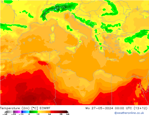 mapa temperatury (2m) ECMWF pon. 27.05.2024 00 UTC