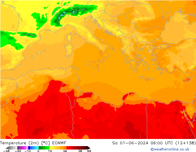 mapa temperatury (2m) ECMWF so. 01.06.2024 06 UTC