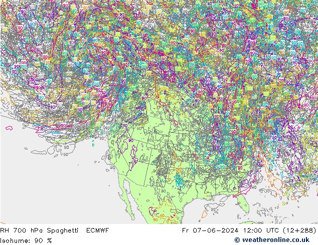 RH 700 hPa Spaghetti ECMWF ven 07.06.2024 12 UTC