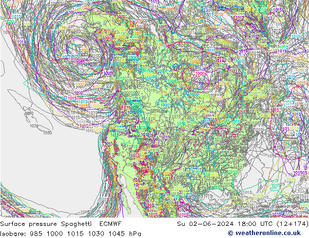 Luchtdruk op zeeniveau Spaghetti ECMWF zo 02.06.2024 18 UTC