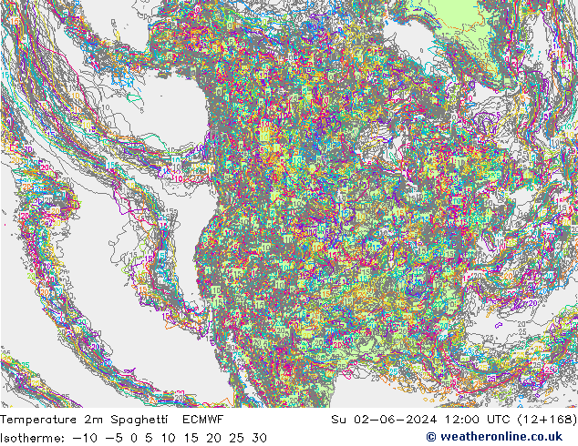 Temperature 2m Spaghetti ECMWF Su 02.06.2024 12 UTC