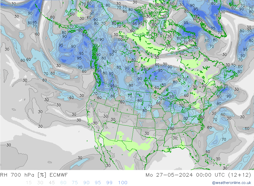 Humedad rel. 700hPa ECMWF lun 27.05.2024 00 UTC