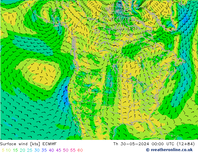 Vento 10 m ECMWF gio 30.05.2024 00 UTC