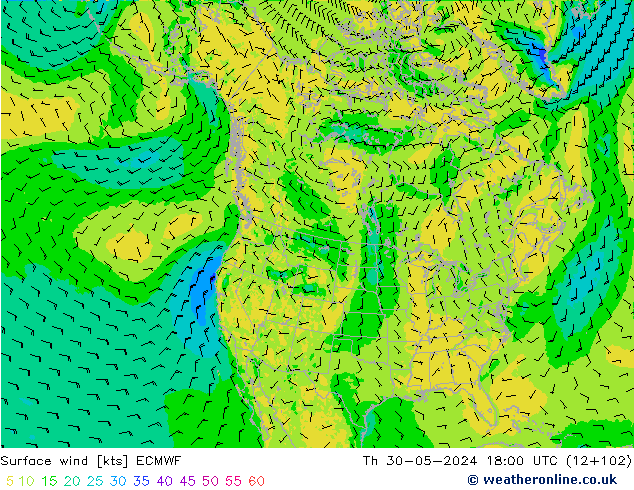 Viento 10 m ECMWF jue 30.05.2024 18 UTC