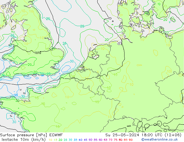 Isotachen (km/h) ECMWF zo 26.05.2024 18 UTC