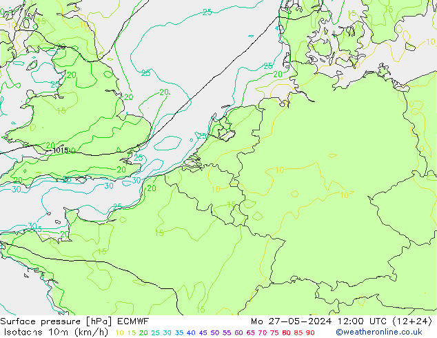 Isotachs (kph) ECMWF Mo 27.05.2024 12 UTC