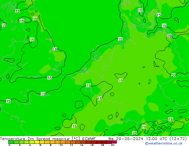 Temperature 2m Spread ECMWF We 29.05.2024 12 UTC