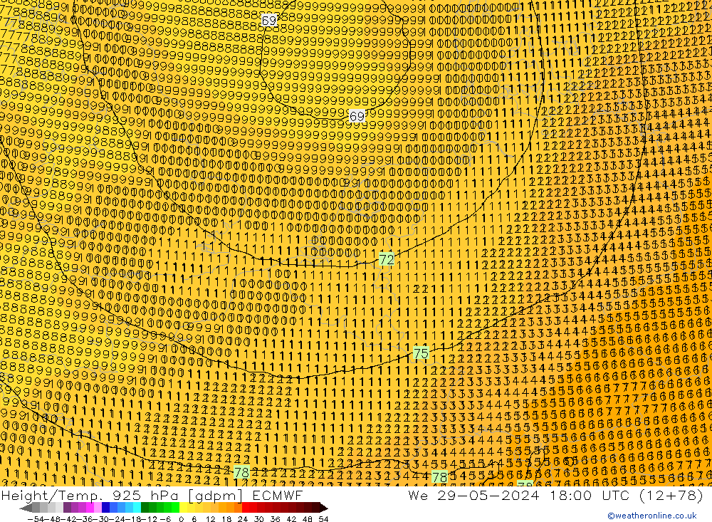 Height/Temp. 925 hPa ECMWF mer 29.05.2024 18 UTC