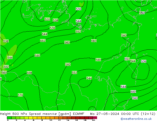 Height 500 гПа Spread ECMWF пн 27.05.2024 00 UTC