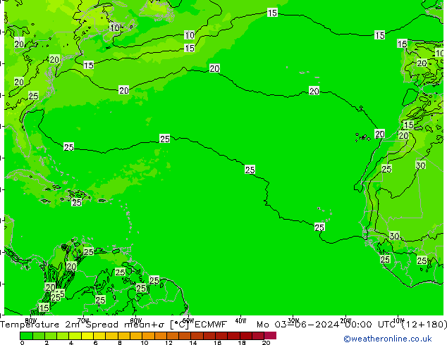 température 2m Spread ECMWF lun 03.06.2024 00 UTC