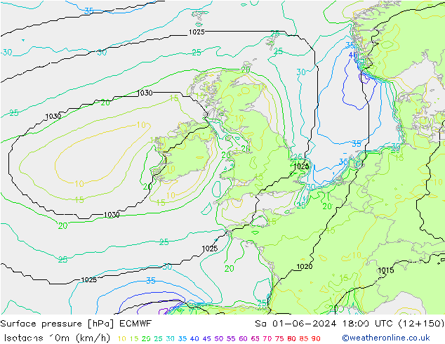 Isotachen (km/h) ECMWF za 01.06.2024 18 UTC