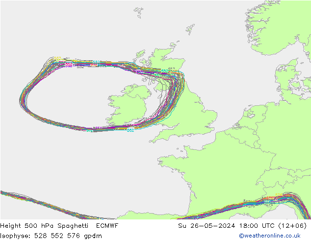 Height 500 гПа Spaghetti ECMWF Вс 26.05.2024 18 UTC