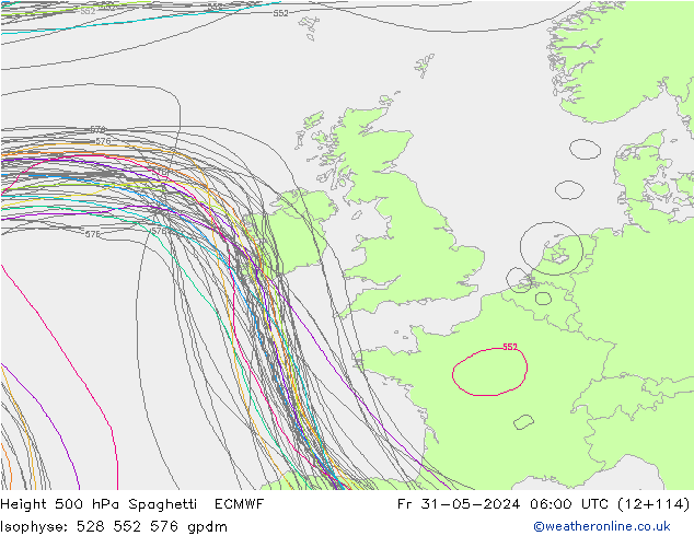 Height 500 hPa Spaghetti ECMWF ven 31.05.2024 06 UTC