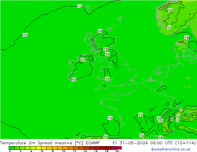 Temperatuurkaart Spread ECMWF vr 31.05.2024 06 UTC
