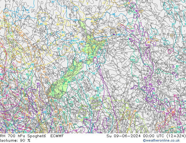 RH 700 hPa Spaghetti ECMWF Su 09.06.2024 00 UTC