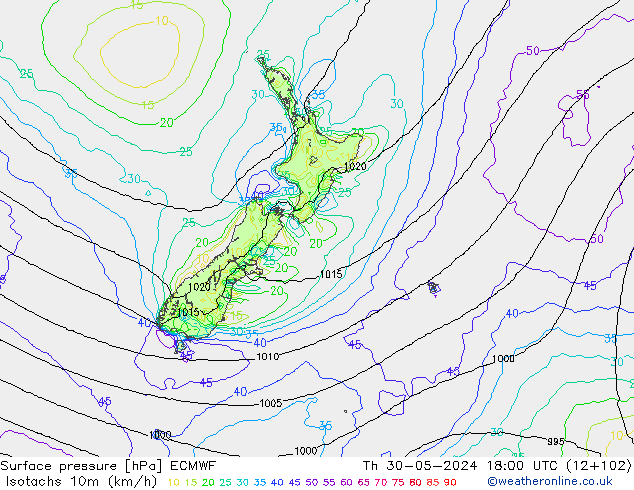 Isotachs (kph) ECMWF Čt 30.05.2024 18 UTC