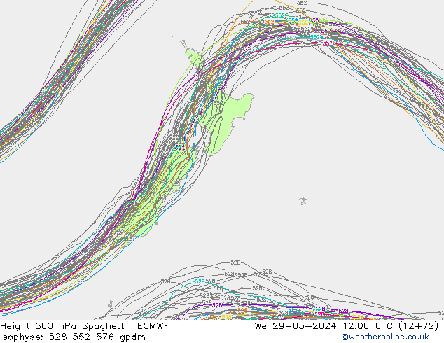 Height 500 hPa Spaghetti ECMWF  29.05.2024 12 UTC