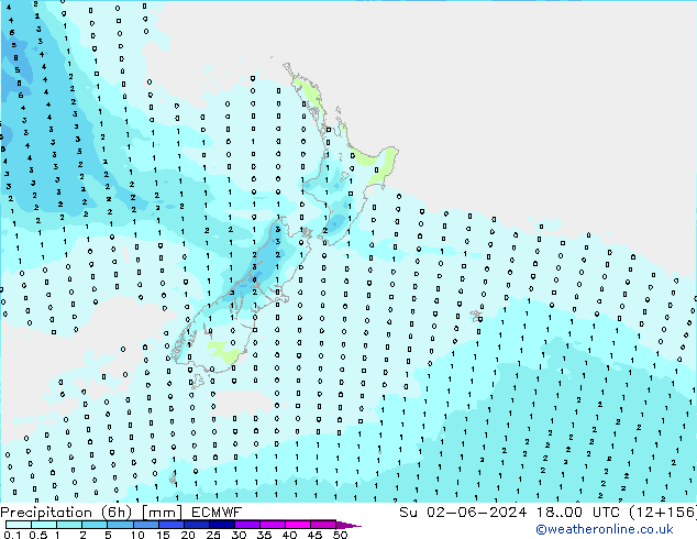 Precipitation (6h) ECMWF Su 02.06.2024 00 UTC