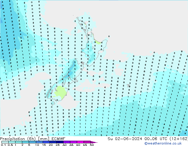 Precipitation (6h) ECMWF Su 02.06.2024 06 UTC