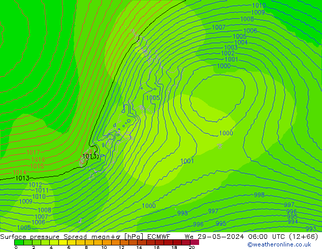 Surface pressure Spread ECMWF We 29.05.2024 06 UTC